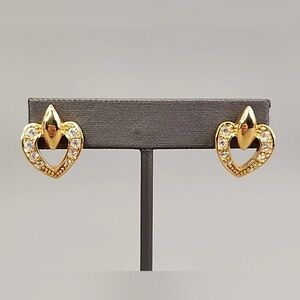 Vintage Jewelry Signed Avon Gold Tone and Rhinestone Heart Pierced Earrings